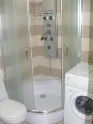 a shower in a bathroom with a toilet and a washing machine at Ponta in Rafailovici