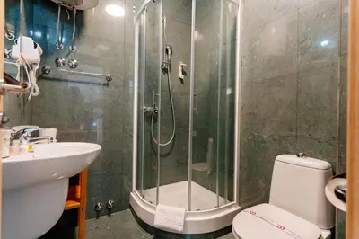 a bathroom with a shower and a toilet and a sink at Bofima Apartments in Kotor