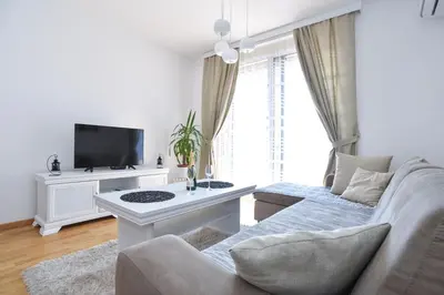 a living room with a couch and a tv at Apartment Bojana in Budva