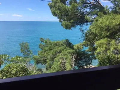 a view of the ocean from a balcony with trees at Apartment Botanicheskiy Sad in Sutomore