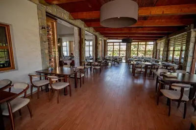 a dining room with tables and chairs and windows at Hotel Aria in Podgorica