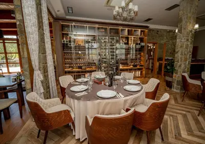 a dining room with a table and chairs at Hotel Aria in Podgorica