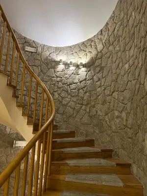 a stairway with a stone wall and a stone stair case at Hotel Aria in Podgorica