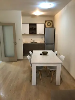 a kitchen with a table and chairs and a refrigerator at Apartments New City in Podgorica