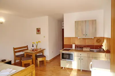 a small kitchen with a table and a counter top at Loki Apartments in Kotor