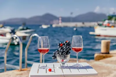 two glasses of wine on a table next to the water at Apartments Bigovo Veljic in Tivat