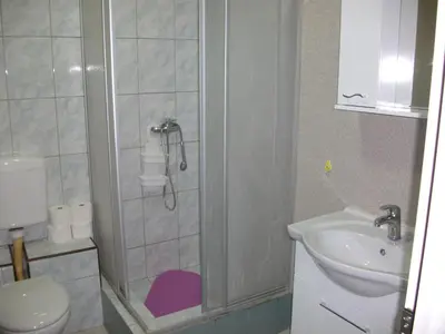 a bathroom with a shower and a toilet and a sink at Apartments Petrovic in Krimovice
