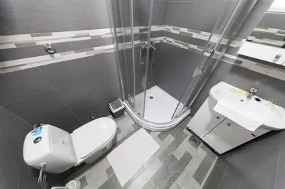 a bathroom with a shower and a toilet and a sink at Oasis Seaside Rooms in Budva