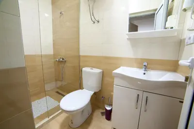 a bathroom with a toilet and a sink and a shower at Apartments Panorama Alaj in Ulcinj