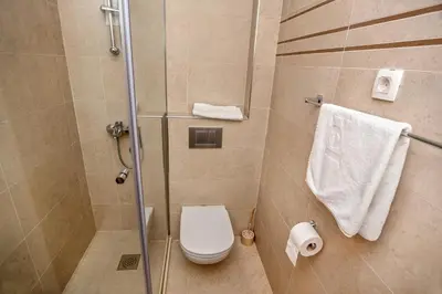 a bathroom with a toilet and a glass shower stall at Villa Antivari in Bar