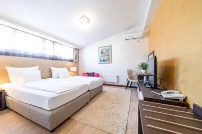 a bedroom with a bed and a desk and a television at Hotel Alexandar Lux in Podgorica