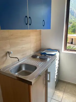 a small kitchen with a sink and blue cabinets at Apartments Djulija in Sutomore