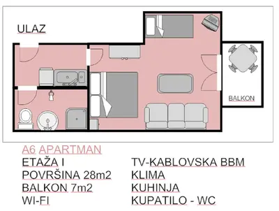 a floor plan of a small apartment with pink at Apartments Djulija in Sutomore