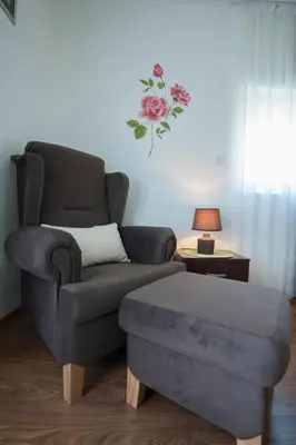 a living room with a couch and a chair at Apartments Đurašević in Sveti Stefan