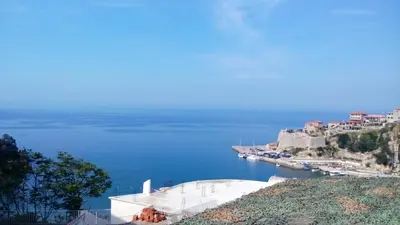a view of the ocean from a hill at Cozy studio by the sea in Ulcinj, 35 m² with view in Ulcinj