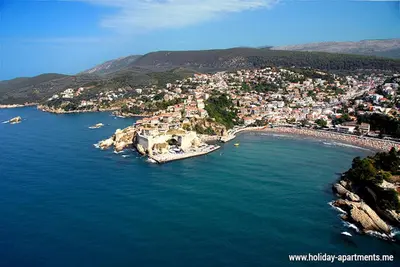 an aerial view of a town on the water at Cozy studio by the sea in Ulcinj, 35 m² with view in Ulcinj