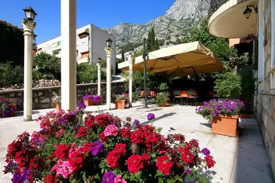 a patio with a bunch of flowers and an umbrella at Panonija in Kotor