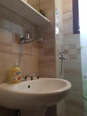 a bathroom sink with a bottle of soap on it at Apartments Aleksic in Sutomore