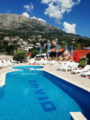 a swimming pool with chairs and umbrellas and a mountain at David apartments and rooms in Dobra Voda