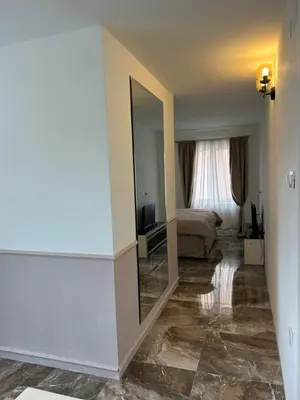 a hotel room with a mirror and a bed at House Pravilovic apartments in Cetinje