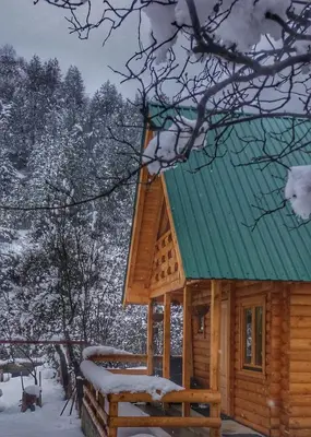 a log cabin with a green roof in the snow at Brvnara Borovik in Cetinje