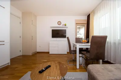 a living room with a table and a dining room at Elena&Fontana Apartment in Budva