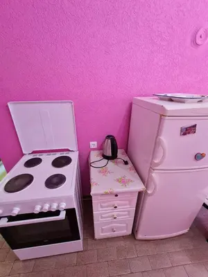 a pink kitchen with a stove and a refrigerator at Apartment Dragone in Ulcinj