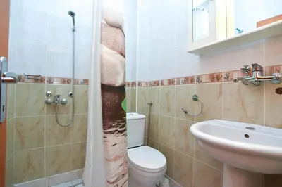 a bathroom with a shower and a toilet and a sink at Apartments Mara in Budva