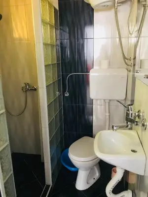 a bathroom with a toilet and a sink and a shower at Guest House Ratko in Rafailovici