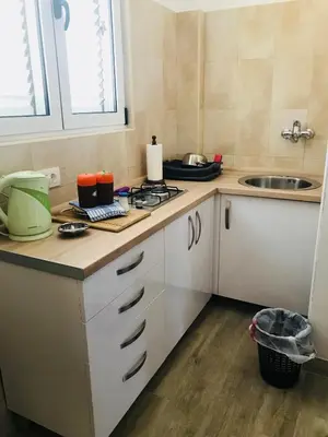 a kitchen with white cabinets and a sink at Guest House Ratko in Rafailovici