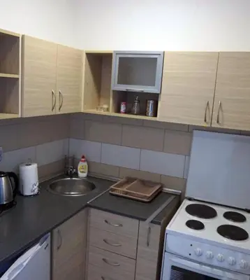 a kitchen with a stove and a sink and a microwave at Guest House Ratko in Rafailovici