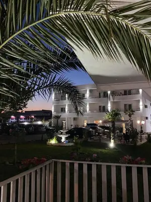 a view of a building with a palm tree at Apartments Vila Sara M in Ulcinj