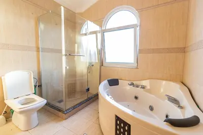 a bathroom with a tub and a toilet and a shower at Blue Sky Apartments-Ulcinj, Montenegro in Ulcinj