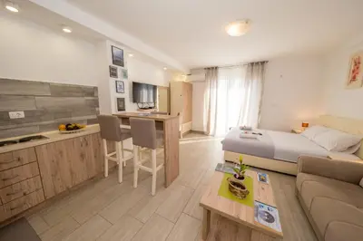 a hotel room with a bed and a kitchen at Skadar lake Apartments Pajovic in Virpazar