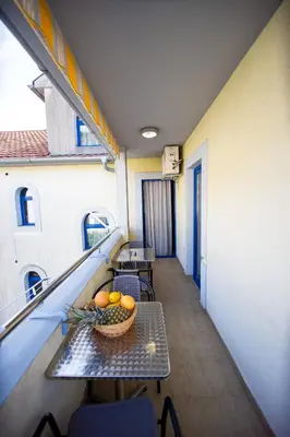 a table with a bowl of fruit on a balcony at Tanja Apartments in Rafailovici