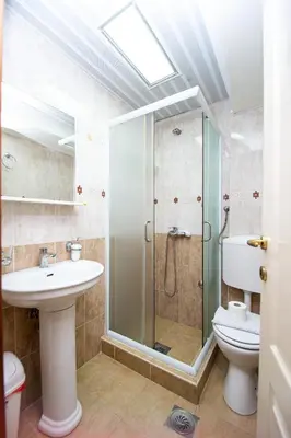 a bathroom with a shower and a sink and a toilet at Tanja Apartments in Rafailovici