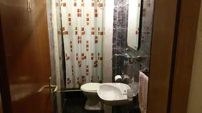 a bathroom with a toilet and a shower curtain at Guest house Villa Castio in Petrovac na Moru