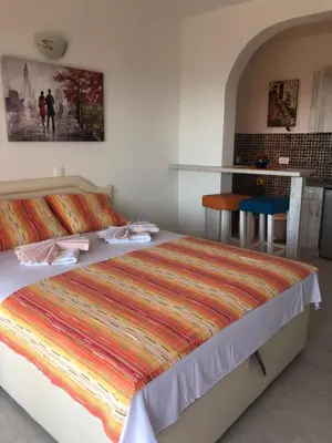 a bedroom with a large bed with a colorful blanket at Vila POGLED in Bar