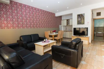 a living room with two couches and a tv at Apartments Sofija in Budva