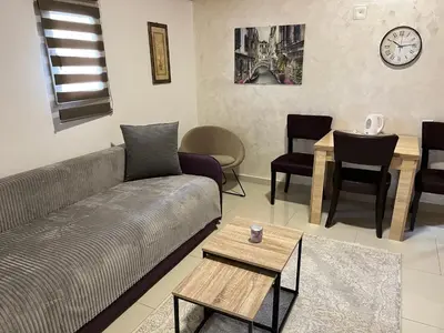 a living room with a couch and a table at Apartment Helena Airport in Podgorica