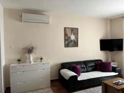 a living room with a black leather couch and purple pillows at Apartment Helena Airport in Podgorica