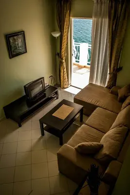 a living room with a couch and a tv at Apartments & Rooms Elite in Dobra Voda