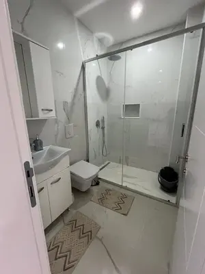 a white bathroom with a shower and a toilet at Demiri Rr in Ulcinj