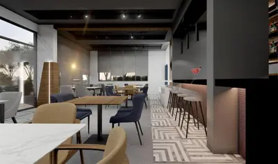 a restaurant with tables and chairs and a bar at Sunrise Apart-Hotel in Ulcinj