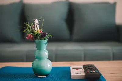 a green vase with flowers in it next to a remote control at Sunrise Apart-Hotel in Ulcinj
