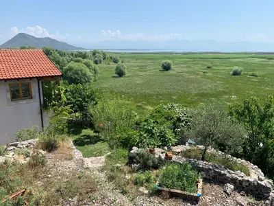 a garden in front of a house in a field at Accommodation 