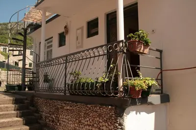 a balcony with potted plants on the side of a house at Studio apartman na plaži in Rafailovici