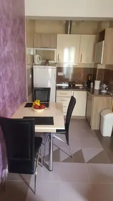 a kitchen with a table and chairs in a room at Apartman Centar Lux in Budva