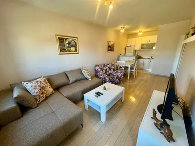 a living room with a couch and a table at Fanky City Apartments in Podgorica