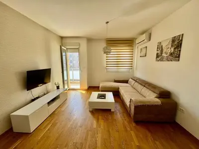 a living room with a couch and a tv at Fanky City Apartments in Podgorica